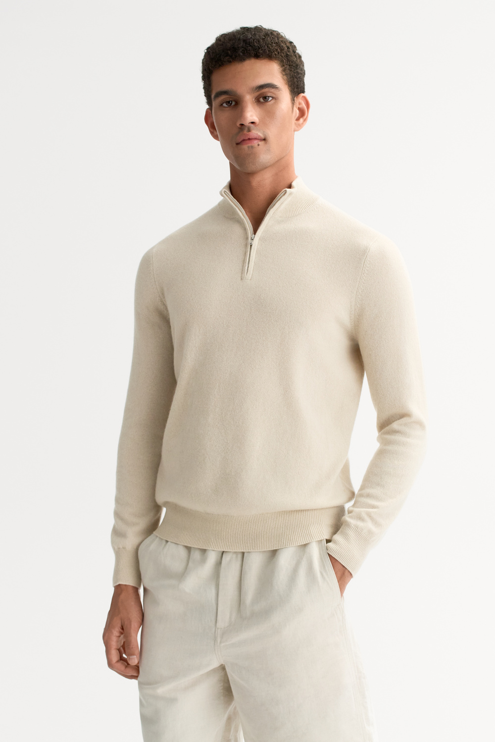 マロン Men's Half Zip - Zipper - Greige | Soft Goat