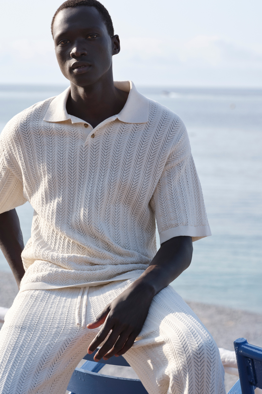 shishikui crochet P beige ビスチェ クロシェ シシクイ Men's crochet pique - Shortsleeves - Feather White | Soft Goat