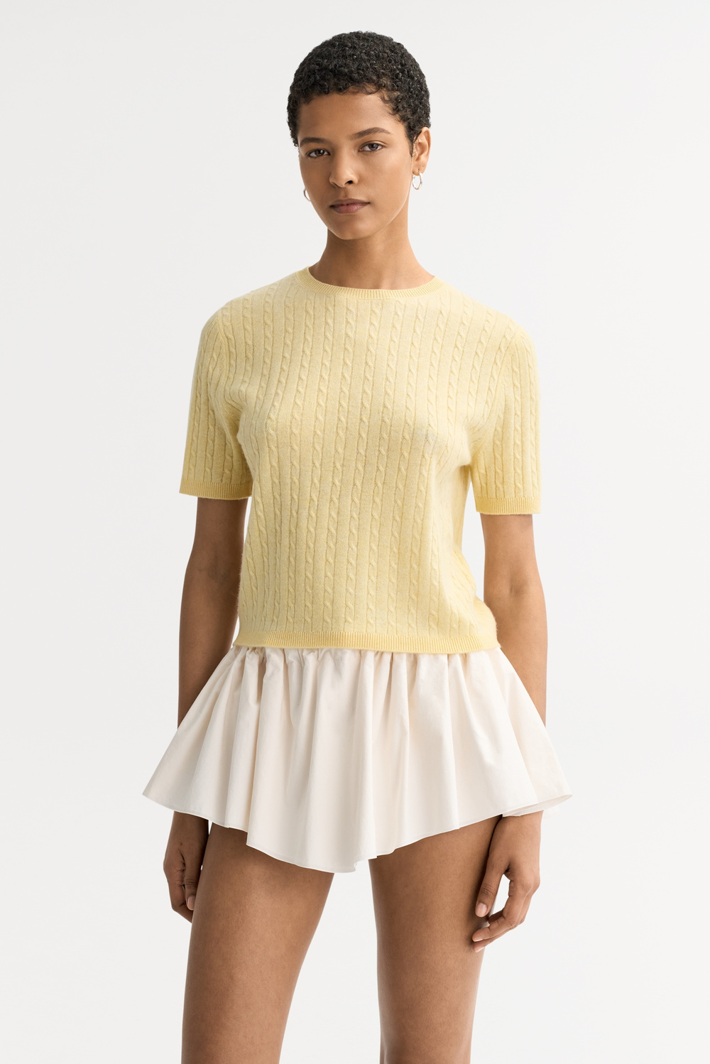 Cable knit top - Shortsleeves - Honeydew yellow | Soft Goat
