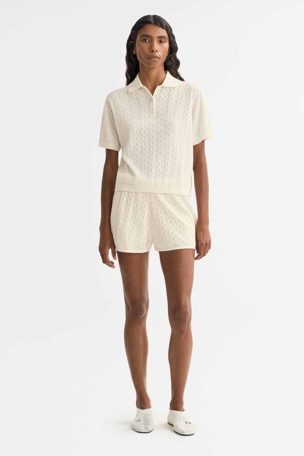 Cable knit top - Shortsleeves - Chalk | Soft Goat