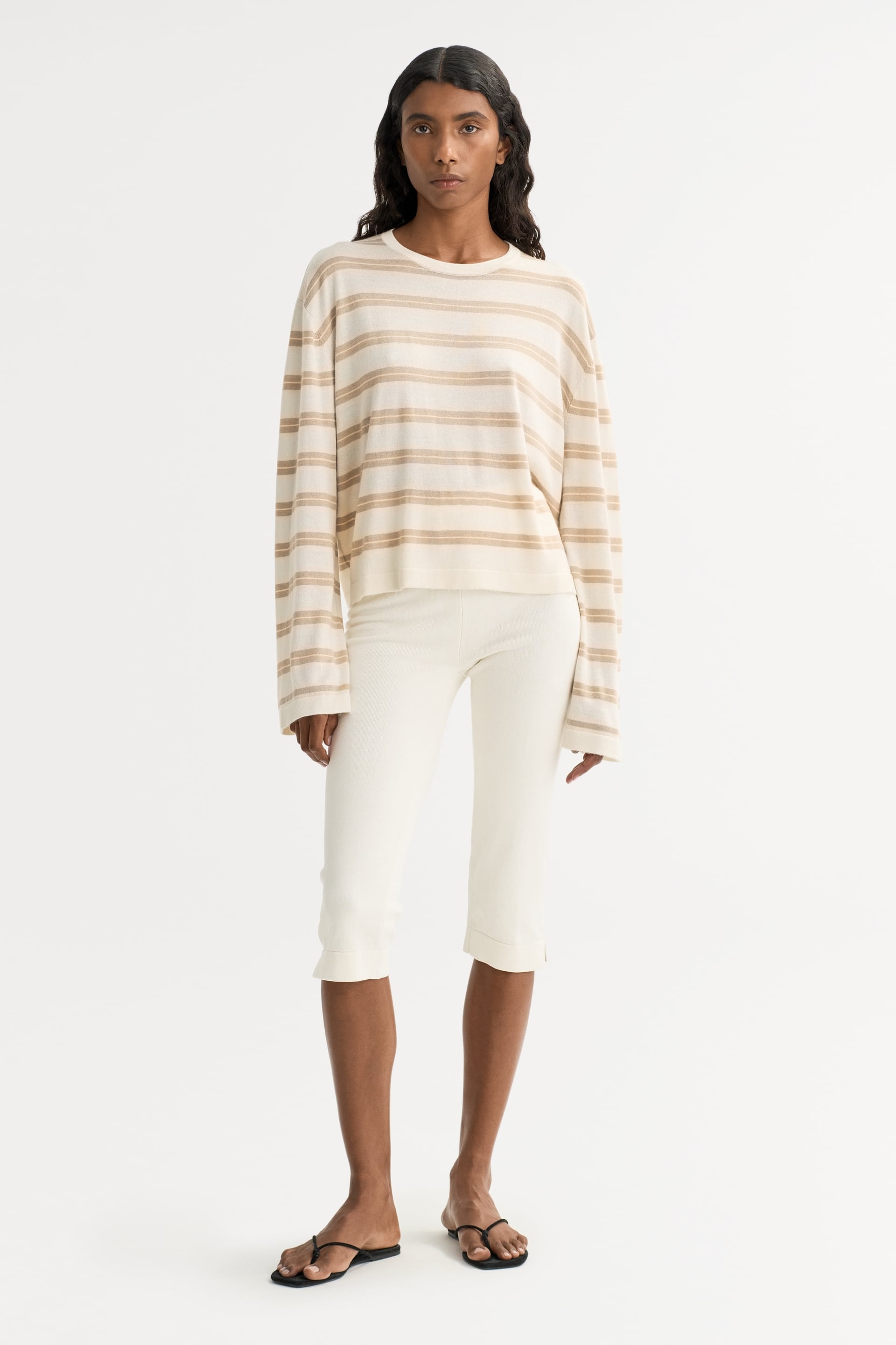 Fine knit striped crewneck Camel 2